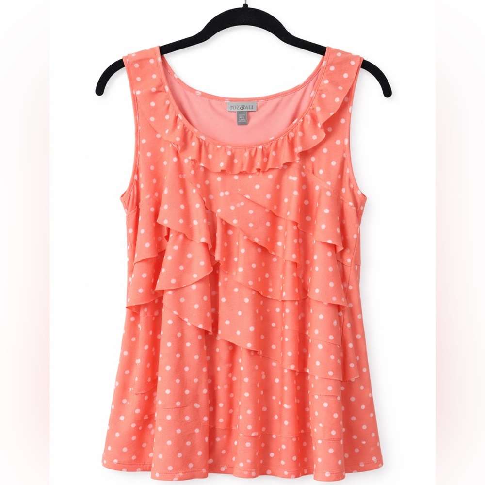 Roz & Ali Coral Pink Polka Dot Ruffle Tank Top